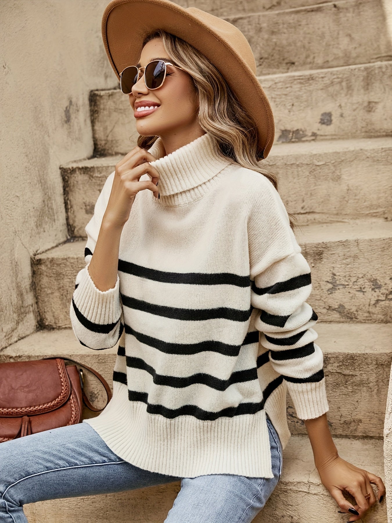 Antmvs Striped Turtle Neck Pullover Sweater, Casual Long Sleeve Split Sweater, Women's Clothing