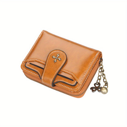 Women's Fashion Wallet With Snap Button Closure, Vintage Style, PU Leather, Zipper Coin Purse With Chain Keyring