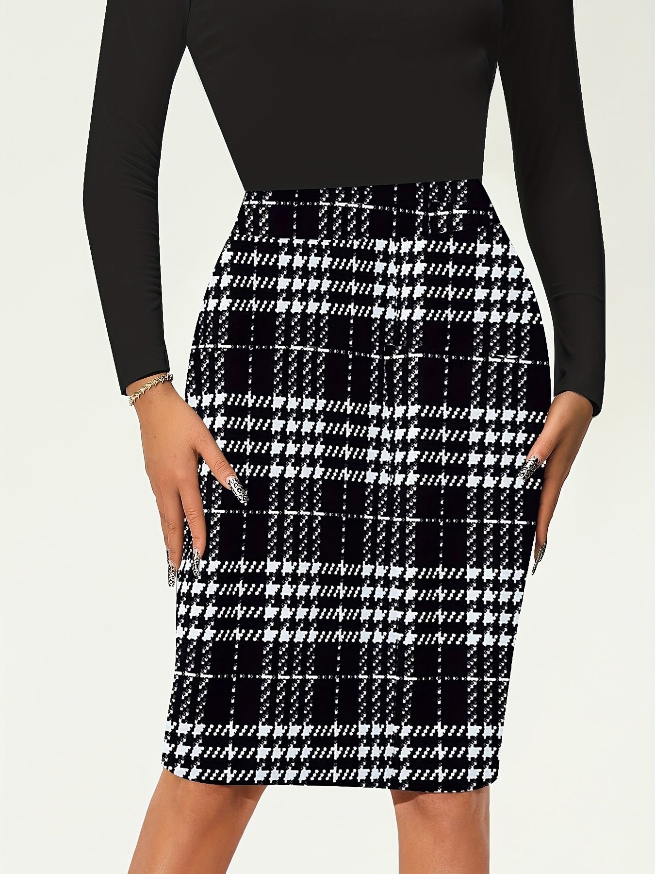 Antmvs Plaid High Waist Pencil Skirt, Elegant Knee Length Bodycon Skirt, Women's Clothing