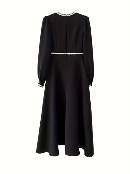 Antmvs Contrast Trim Cuff Sleeve Button Dress, Elegant V Neck A-line Dress For Spring & Fall, Women's Clothing