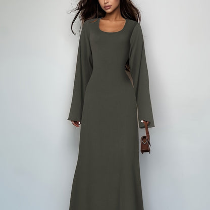 Antmvs Solid Tie Back U Neck Dress, Elegant Long Sleeve Maxi Dress, Women's Clothing