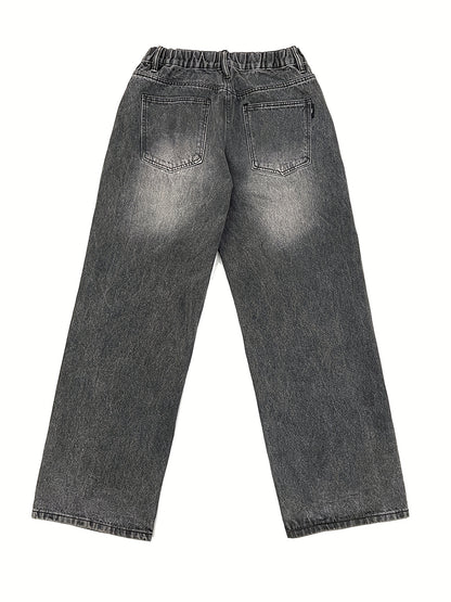 Antmvs Elastic Waist Washed Baggy Jeans, Loose Fit Washed Wide Legs Jeans, Women's Denim Jeans & Clothing