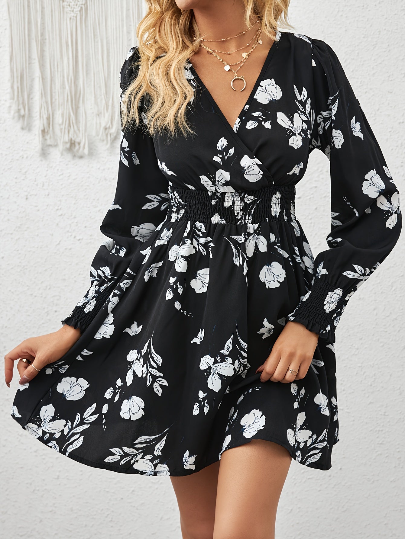 Antmvs Floral Print Surplice Neck Slim Dress, Elegant Long Sleeve Shirred High Waist Dress For Spring & Fall, Women's Clothing