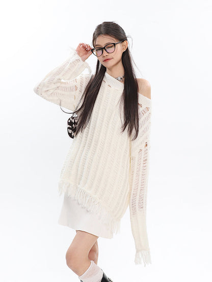 Antmvs Christine Solid Color Knitted Distressed Turtleneck Cutout Long Sleeve Sweater Top