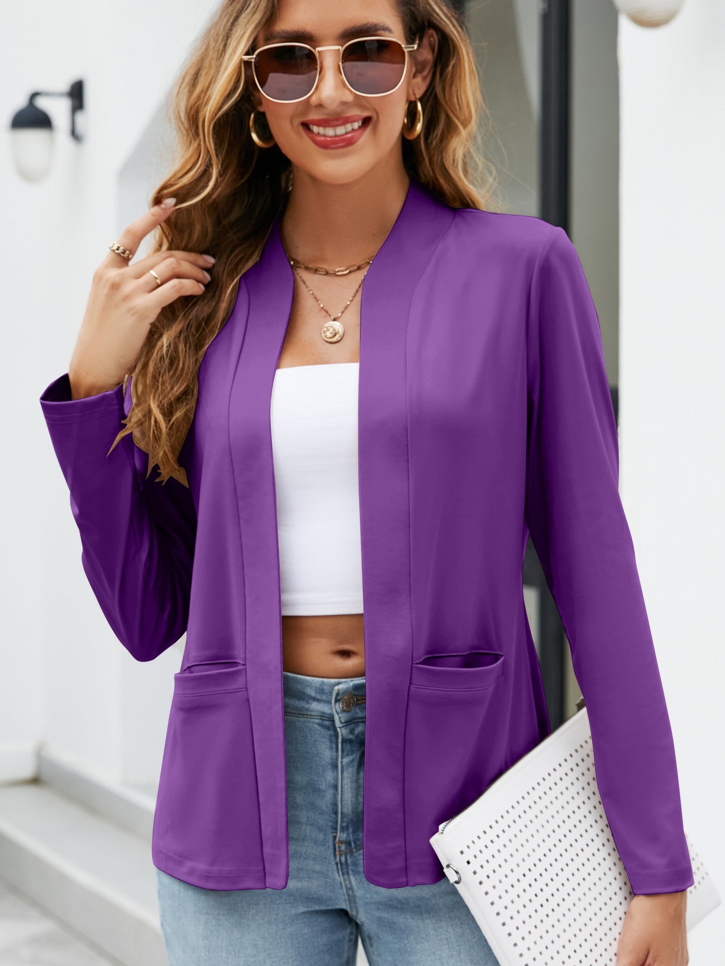 Antmvs Solid Open Front Blazer, Casual Long Sleeve Pocket Blazer, Women's Clothing