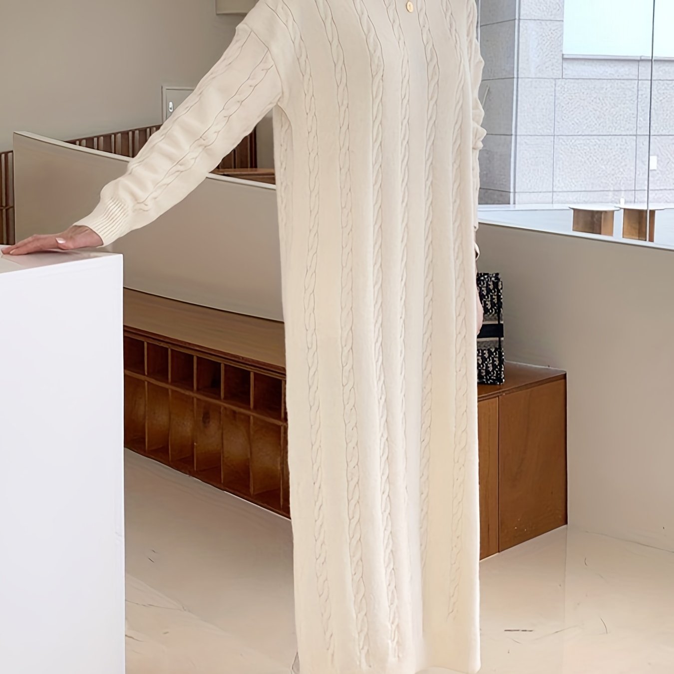Antmvs Split Cable Knit Dress, Elegant Solid Long Sleeve Maxi Dress, Women's Clothing