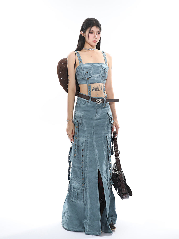 Antmvs Avery Gothic Denim Washed Solid Color Multi-Pocket Spaghetti Strap Cropped Top + Denim Washed Solid Color Multi-Pocket High Waist A-Line Long Skirt Matching Set