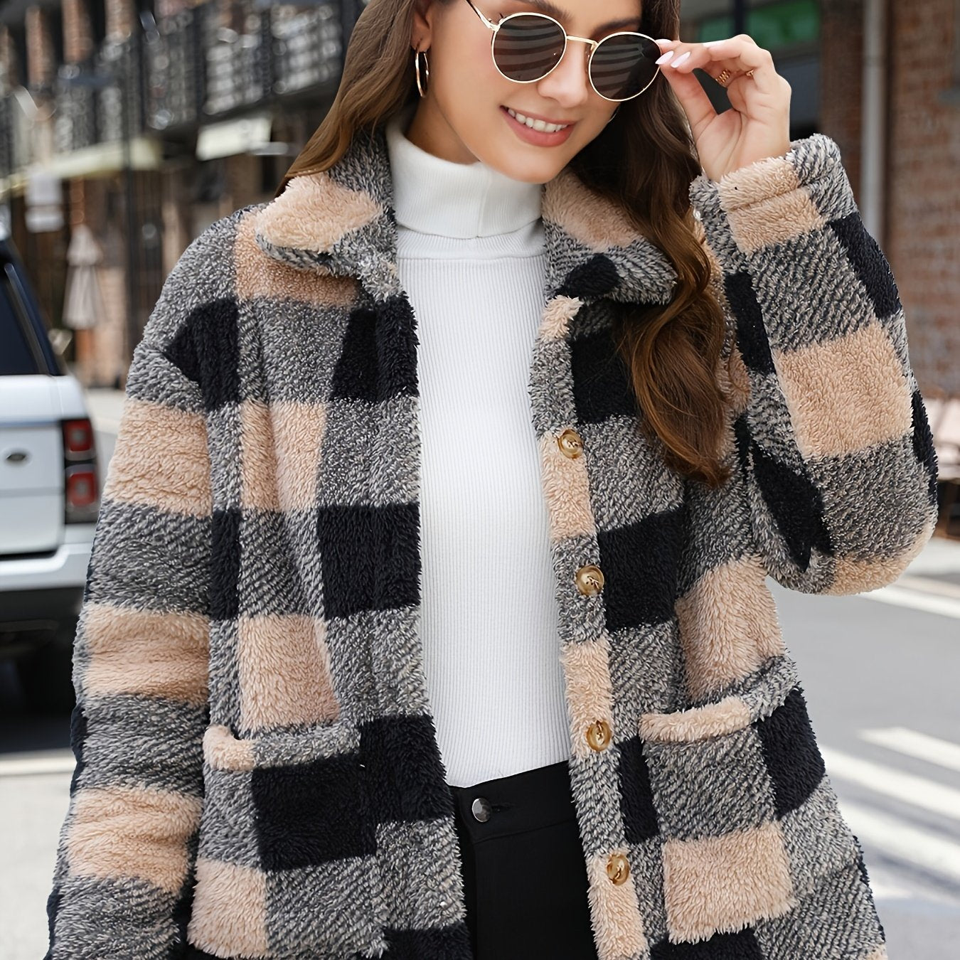 Antmvs Plaid Print Patched Pockets Teddy Coat, Versatile Long Sleeve Single Breasted Winter Outwear, Women's Clothing