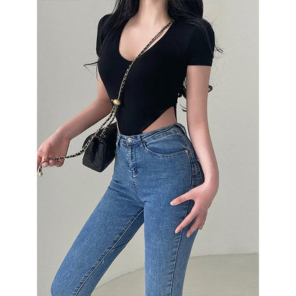 Antmvs Lora Solid Color V-neck Stretch Short Sleeve Slim Bodysuit Top