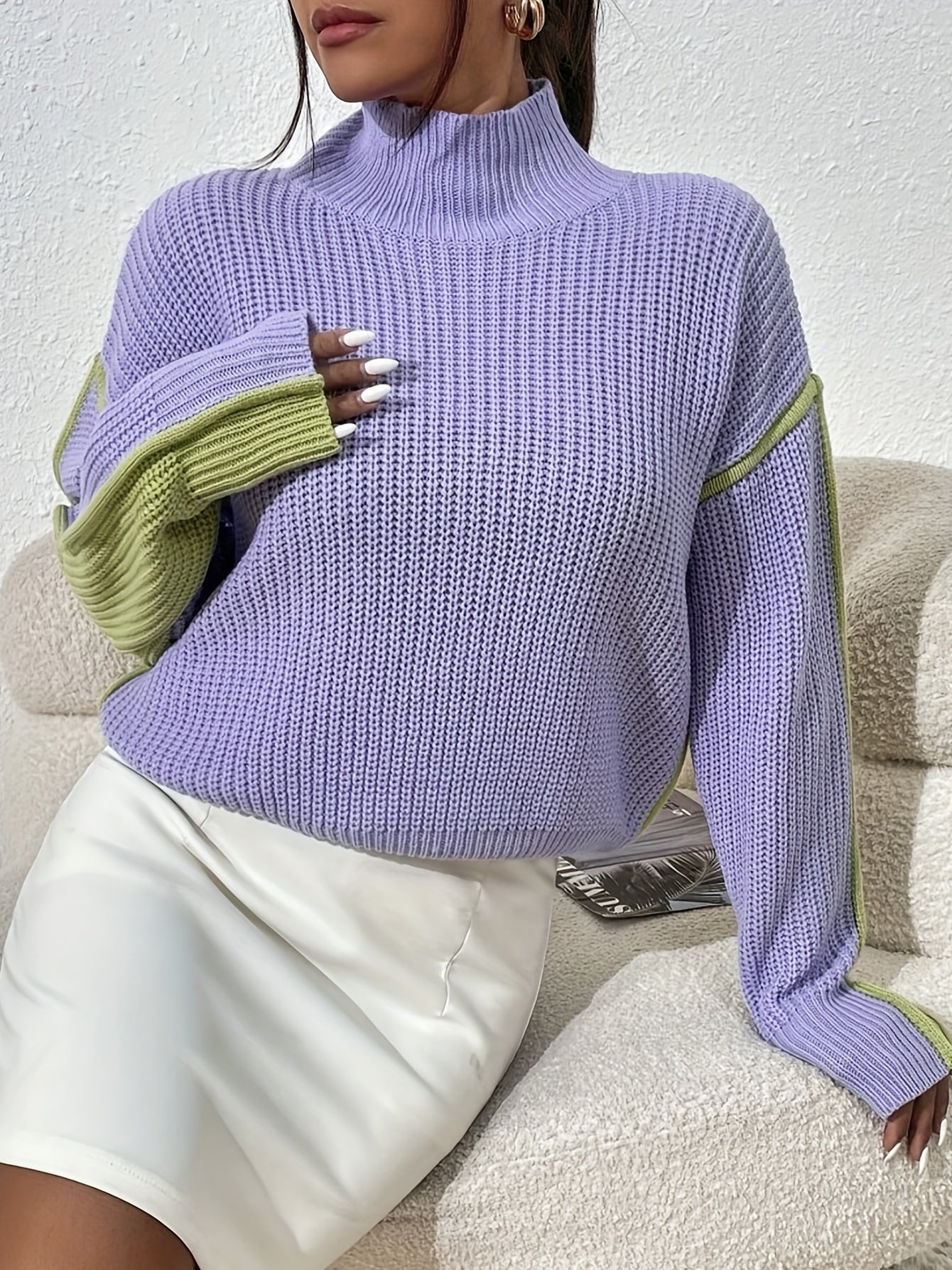 Antmvs Color Block Knit Sweater, Casual High Neck Long Sleeve Sweater, Women's Clothing