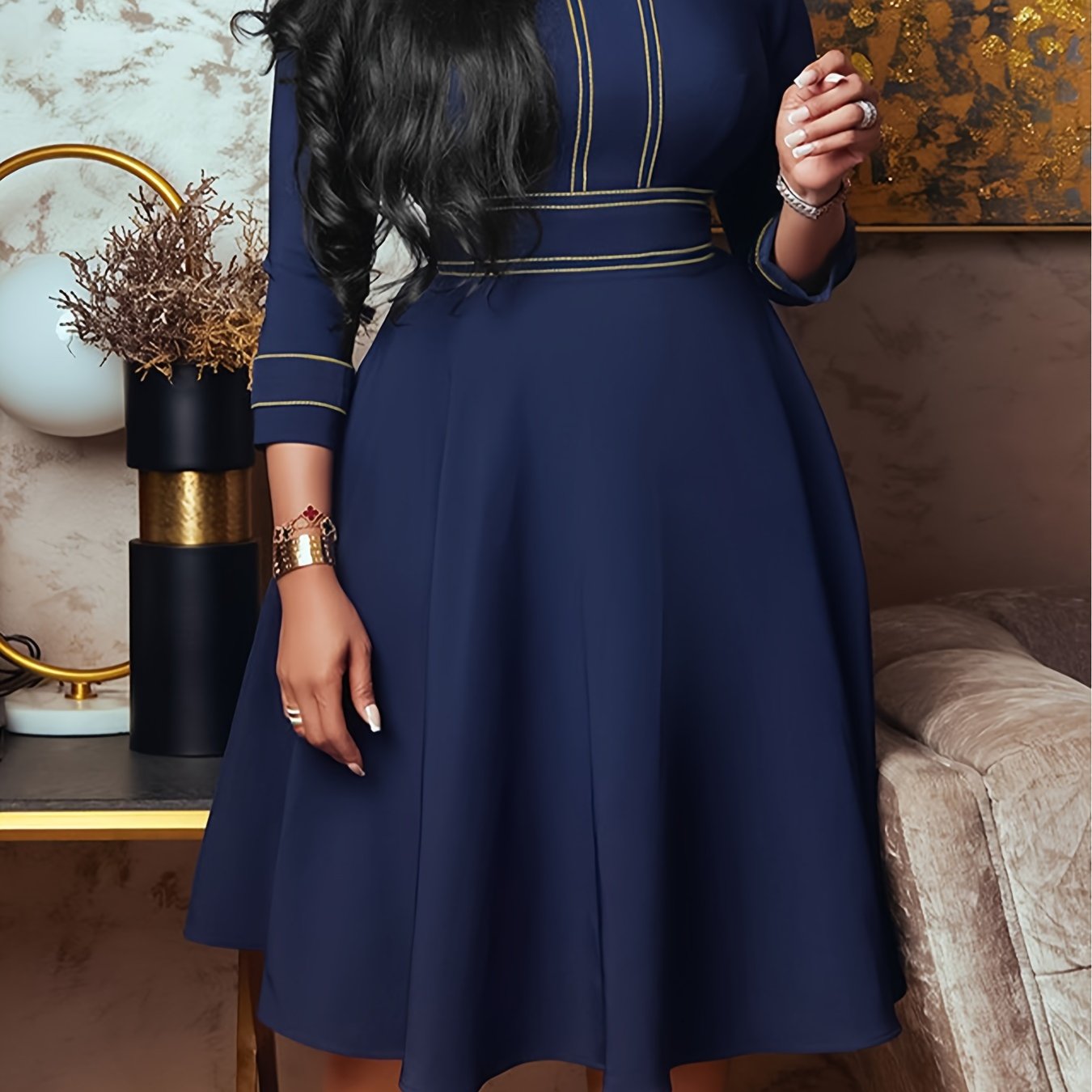 Antmvs Plus Size Elegant Dress, Women's Plus Contrast Binding Long Sleeve Stand Collar A-line Dress