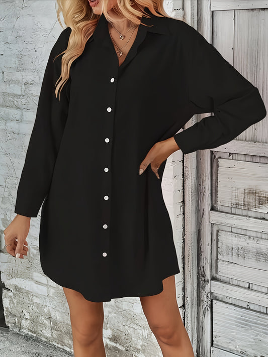 Antmvs Button Front Shirt Dress, Casual Solid Long Sleeve Dress, Women's Clothing