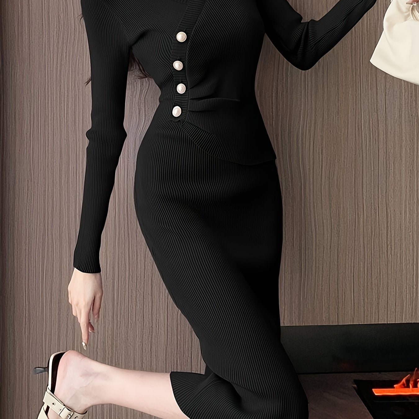 Antmvs Button Front Solid Midi Dress, Elegant V Neck Long Sleeve Dress, Women's Clothing