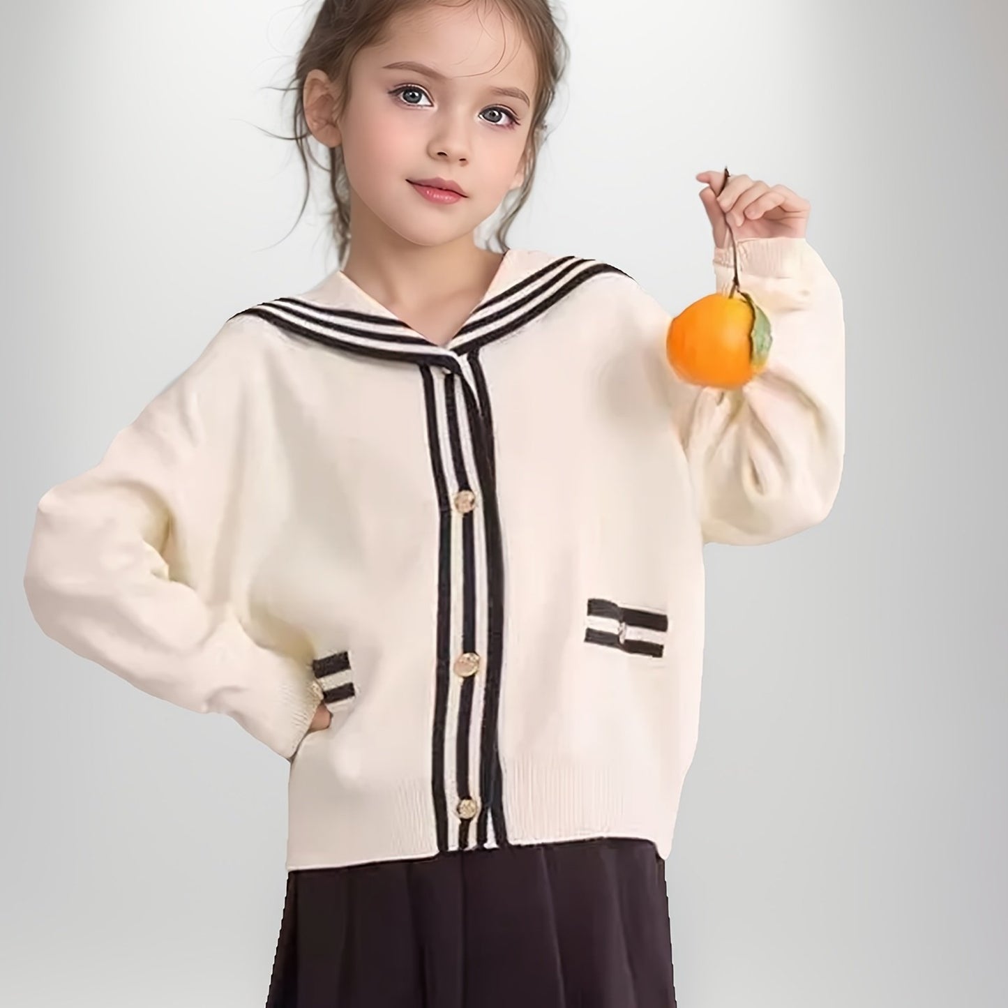 Preppy Style Girls Pure Cotton Cardigan Button-up Striped Knit Sweater Tops