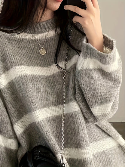 Antmvs Striped Crew Neck Pullover Sweater, Casual Long Sleeve Oversized Cozy Sweater, Women's Clothing