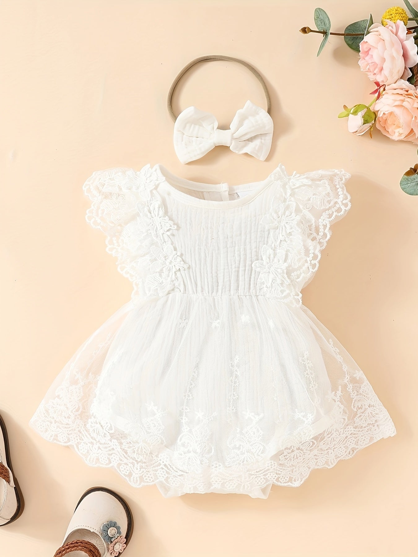 Baby's Lace Flower Embroidered Mesh Muslin Dress, Solid Color Lovely Sleeveless Dress, Infant & Toddler Girl's Clothing For Summer