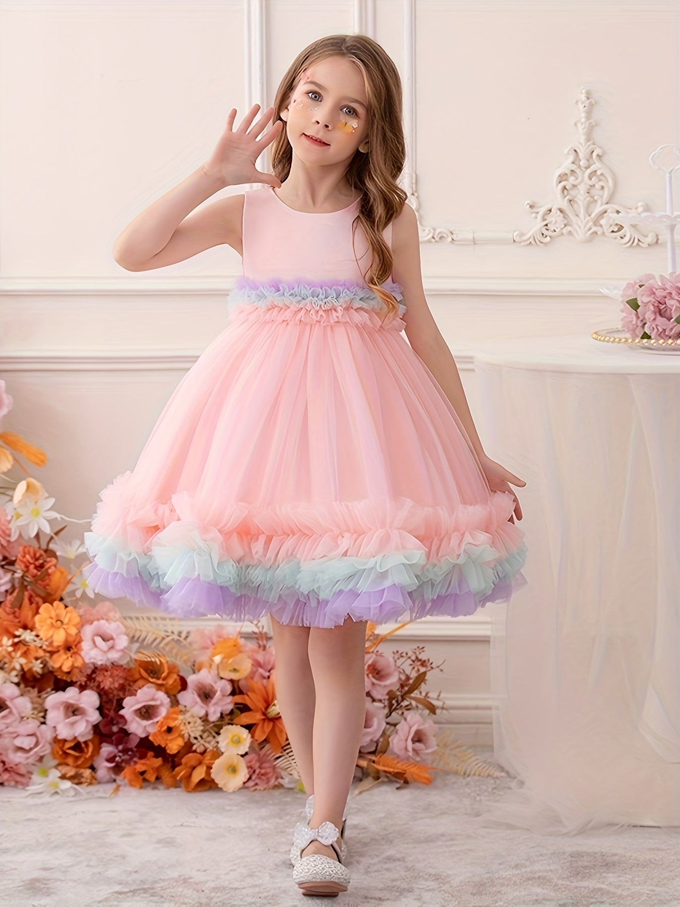 Toddler Girl Rainbow Colorful Gauze Sleeveless Puffy Princess Dress, Kids Party Catwalk Piano Performance Formal Dress