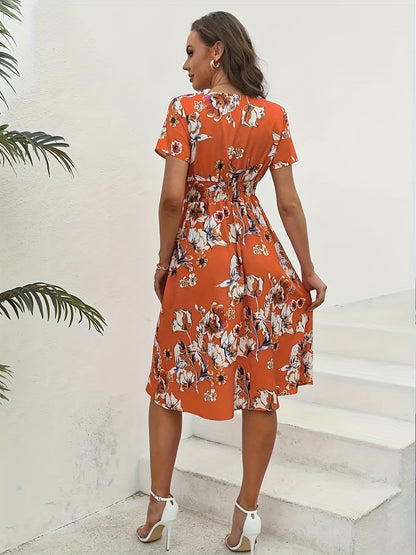 Antmvs Floral Print Surplice Neck Dress, Boho Short Sleeve Shirred Waist Dress, Women's Clothing