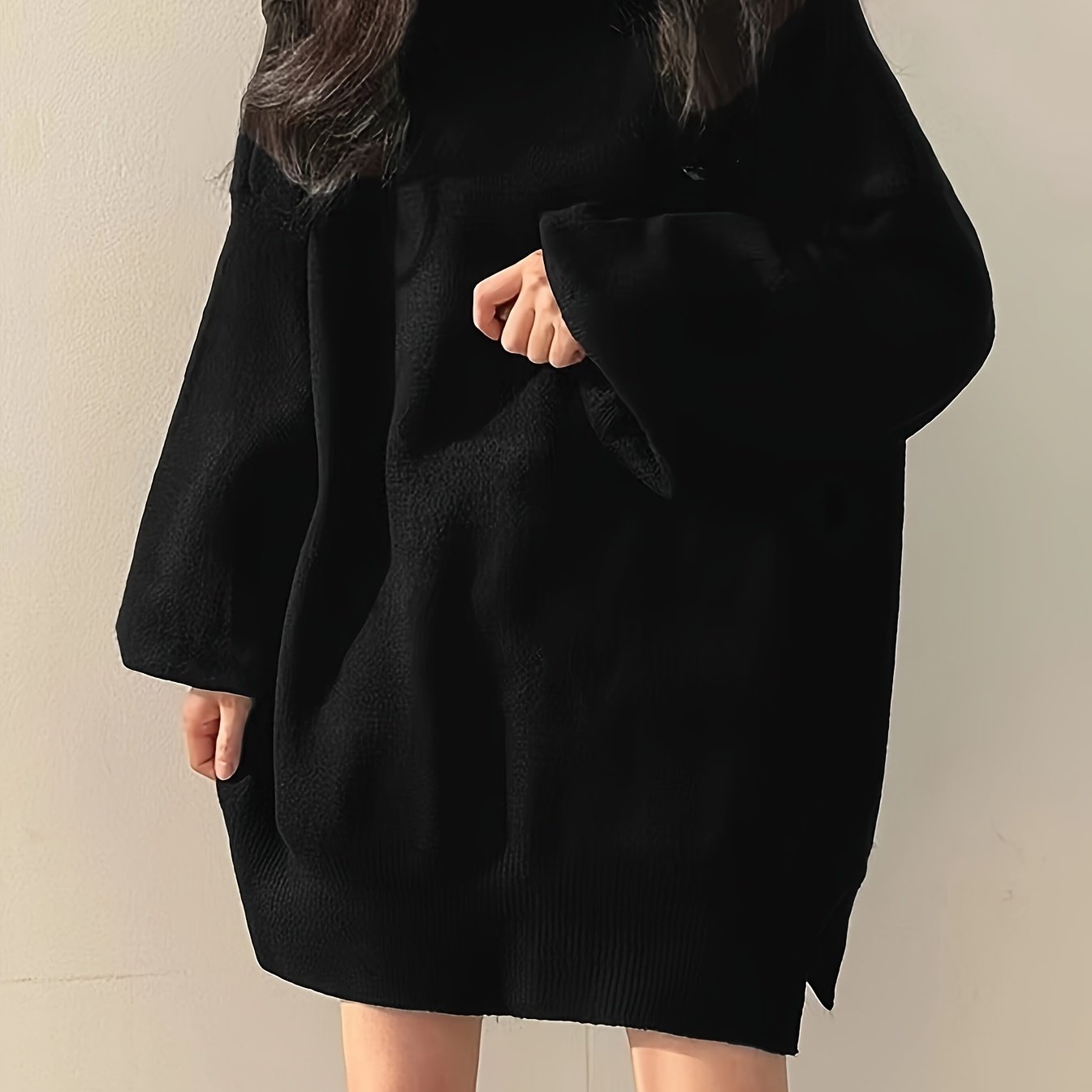 Antmvs Solid Turtle Neck Oversized Sweater, Casual Long Sleeve Split Sweater, Women's Clothing