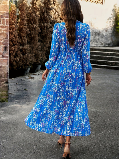 Antmvs Floral Print Maxi Dress, Casual V Neck Long Sleeve Dress, Women's Clothing