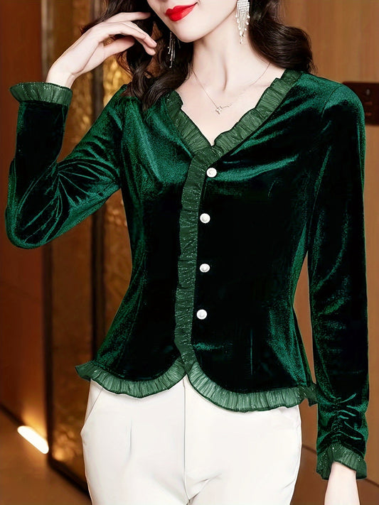 Antmvs Velvet Lace Contrast Trim Top, Button Front V Neck Long Sleeve T-shirt, Women's Clothing