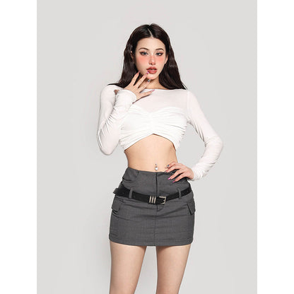 Antmvs Lizzie Solid Color White Twist Long-sleeved Cropped Top