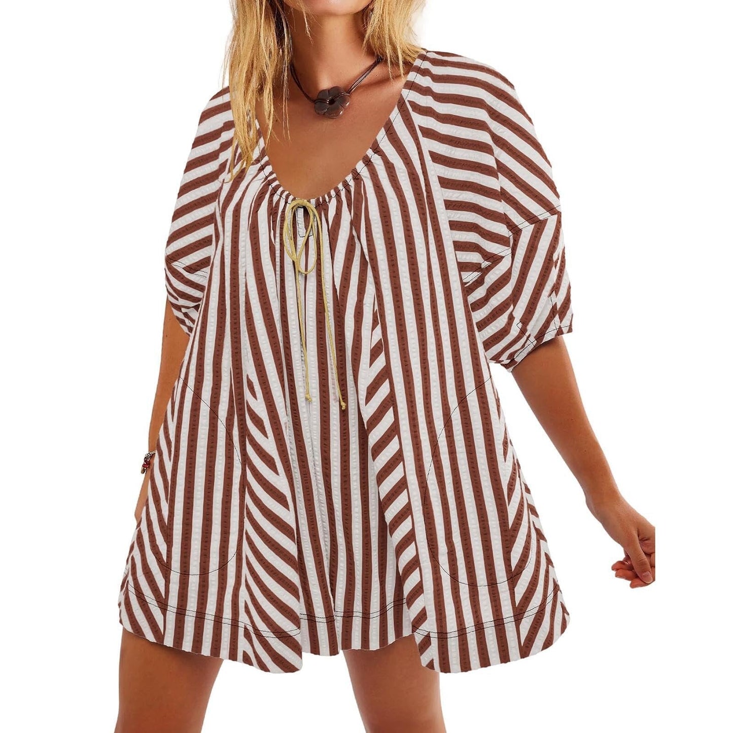 Antmvs -  Womens Striped Romper Casual Loose Puff Sleeve Wide Leg Jumpsuit Overall with Pockets