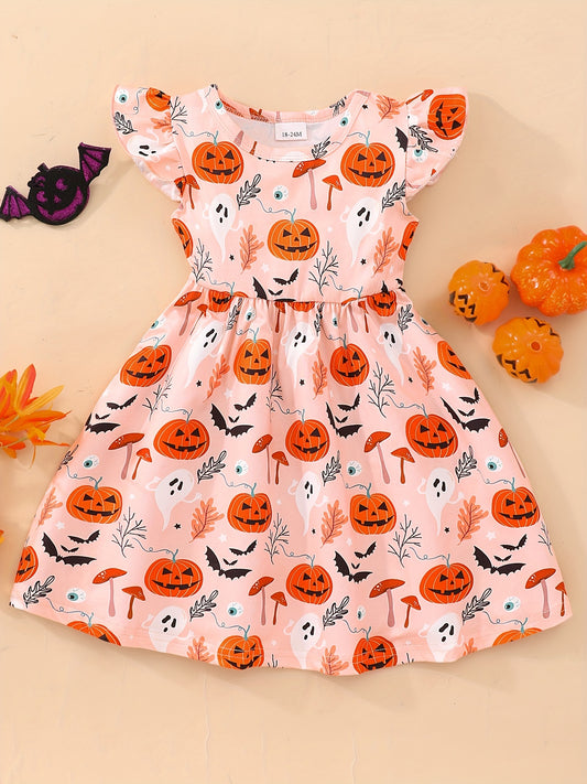 Knee-High Sleeveless Fit and Flare Cartoon Pumpkin & Ghost Graphic Dress for Girls - Vibrant Summer Party Wear with Draped Design, Slight Stretch Polyester Fabric, Crew Neck, Regular Fit - Perfect for Halloween, Gift, and Casual Occasions