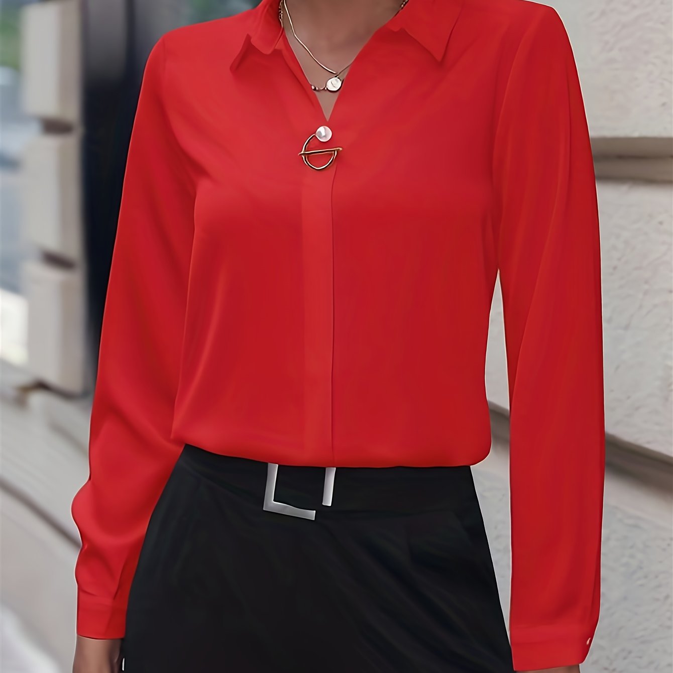 Antmvs Solid Polo Collar Shirt, Elegant Long Sleeve Shirt For Spring & Fall, Women's Clothing