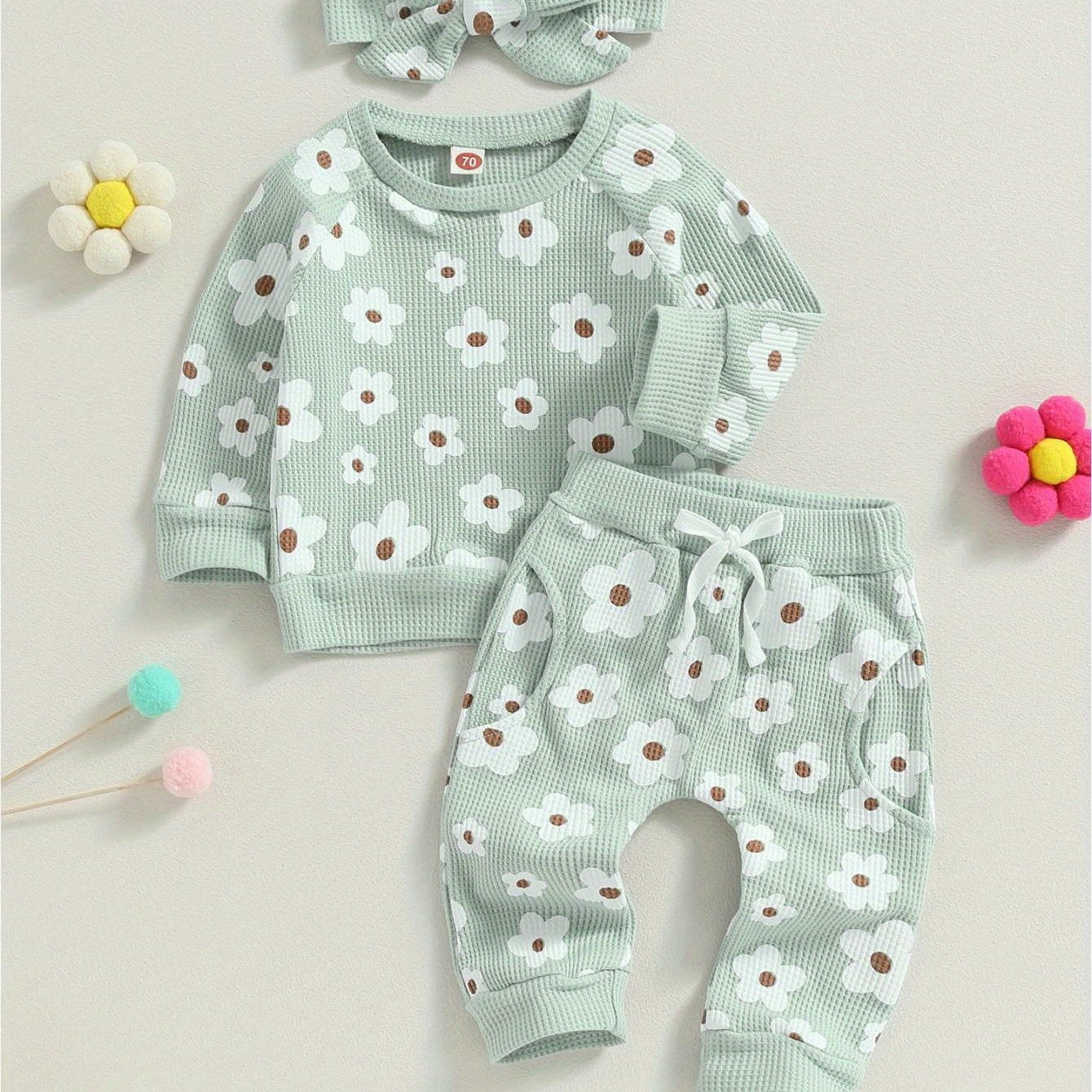 2-Piece Fall Outfit for Baby Girls - Soft Flower Print Long Sleeve Crew Neck Sweatshirt, Casual Pants, and Adorable Bow Headband - Cozy, Comfortable, and Stylish Clothing Set