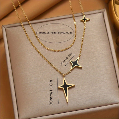 A stainless steel jewelry plated with real double layered black four-star necklace retro fashion personality design hip-hop trend sweet and cool Joker is suitable for ladies and lovers to wear at street daily commuting parties.