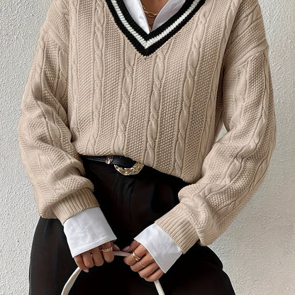 Antmvs V Neck Cable Knit Pullover Sweater, Casual Long Sleeve Drop Shoulder Sweater, Women's Clothing