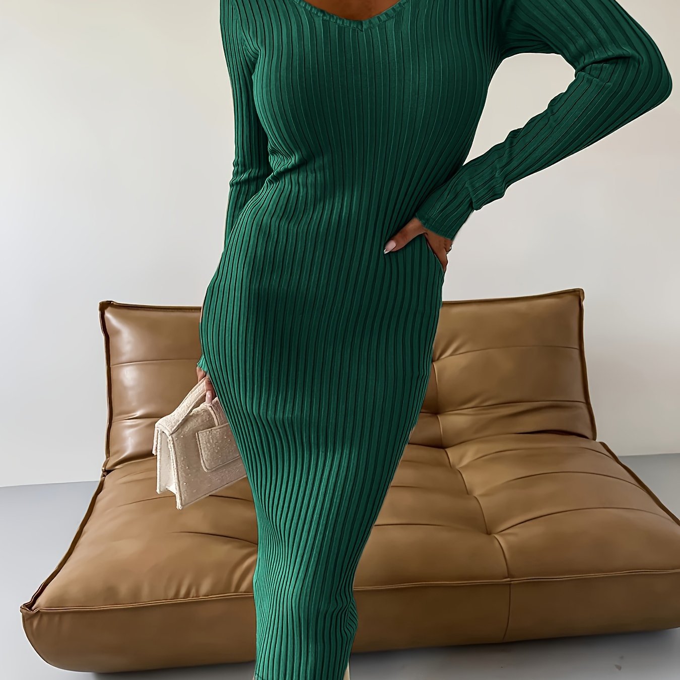 Antmvs Ribbed Solid Bodycon Dress, Elegant V Neck Long Sleeve Dress, Women's Clothing