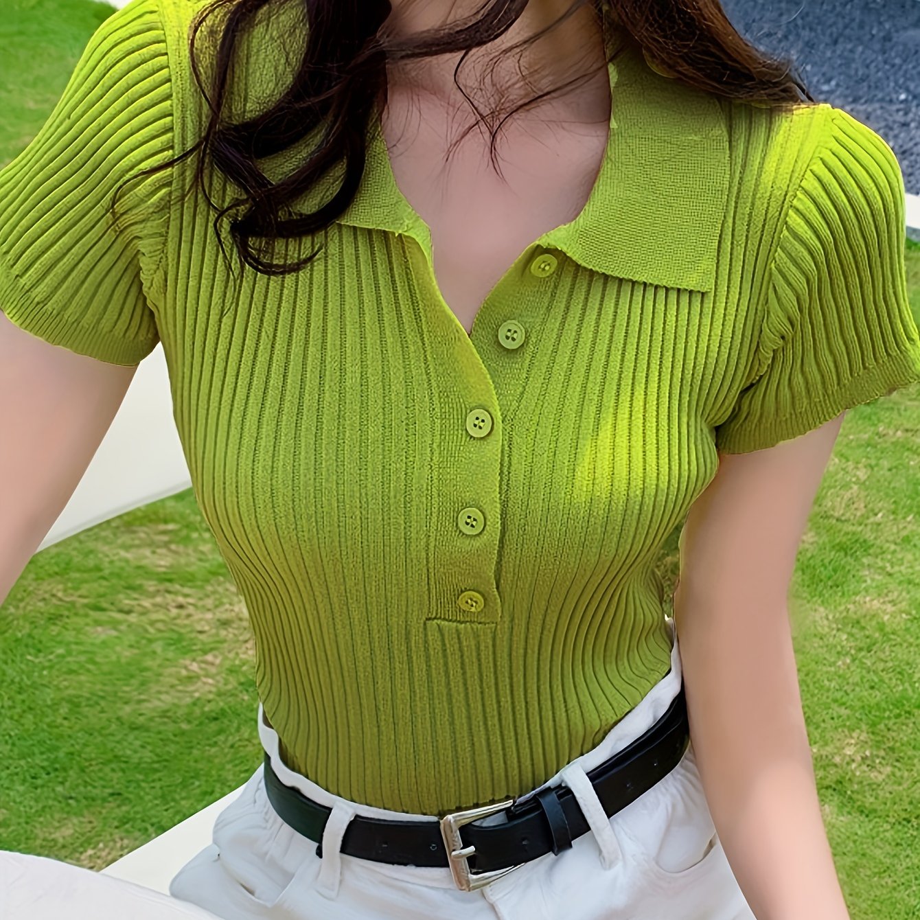 Antmvs Ribbed Polo Collar Button Front T-Shirt, Casual Short Sleeve Top For Spring & Summer, Women's Clothing