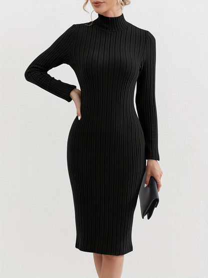 Antmvs Ribbed High Neck Dress, Elegant Solid Long Sleeve Bodycon Dress, Women's Clothing