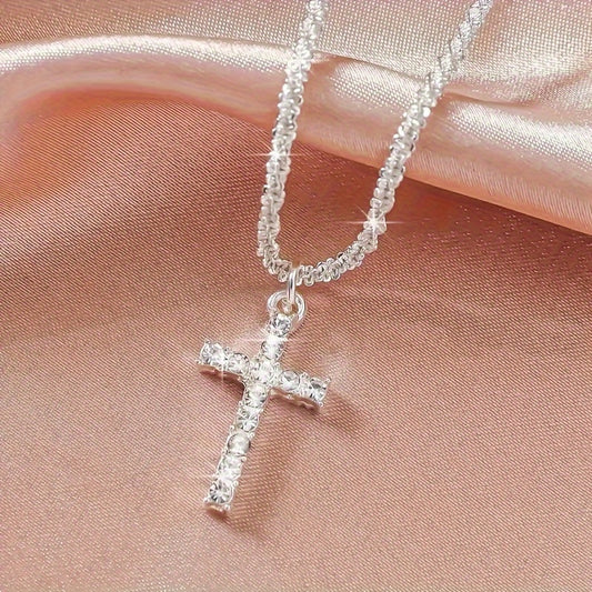 1Pc Silvery Cross Necklace, Minimalist Design Chain, Christmas, Valentine's Day, Birthday Gifts for Women