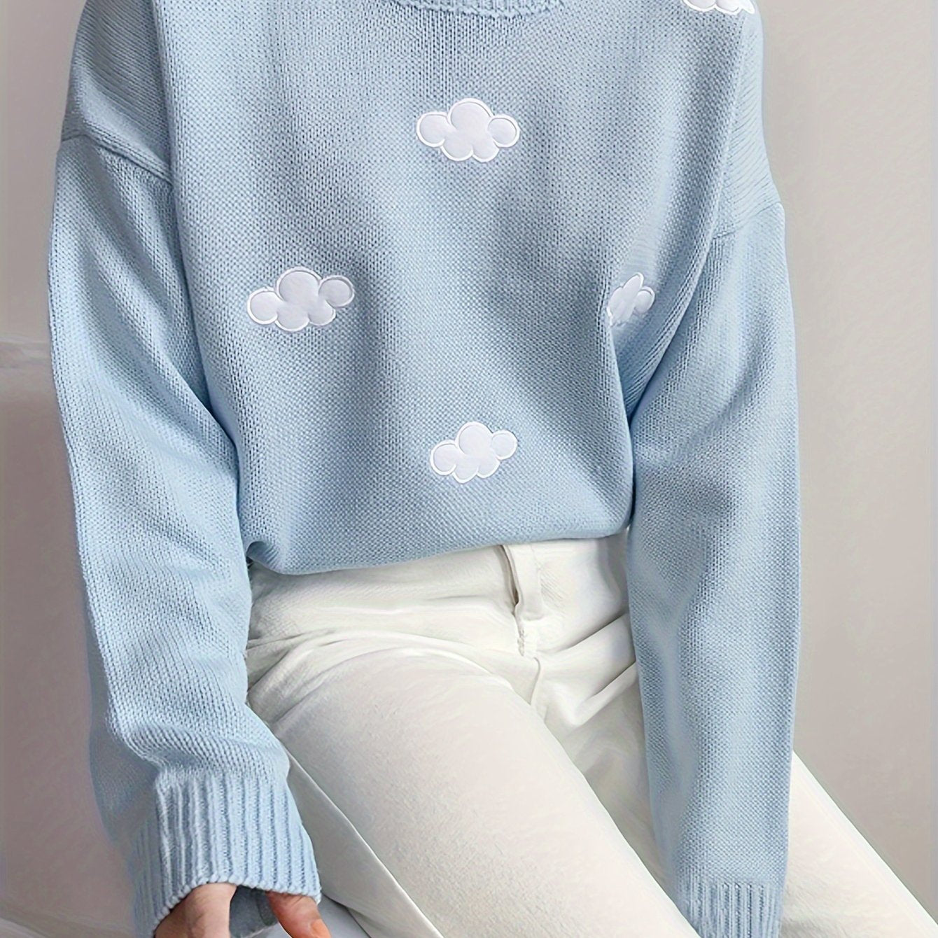 Antmvs Preppy Cloud Pattern Sweater, Long Sleeve Casual Cute Sweater For Winter & Fall, Women's Clothing