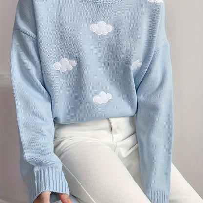 Antmvs Preppy Cloud Pattern Sweater, Long Sleeve Casual Cute Sweater For Winter & Fall, Women's Clothing