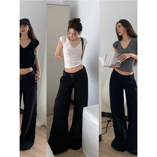 Antmvs Latoya Solid Color V-Neck Short Sleeve Slim Cropped Top + Low Waist Suit Straight Leg Pants Matching Set