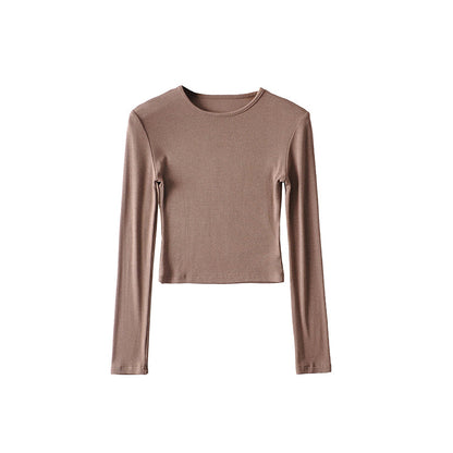 Antmvs Willy Solid Color Ribbed Round Neck Slim Long Sleeve Cropped Bodysuit Top