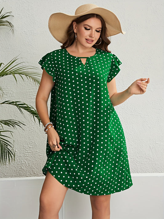 Antmvs Plus Size Vacay Dress, Women's Plus Polka Dot Print Cap Sleeve Cut Out Round Neck Dress