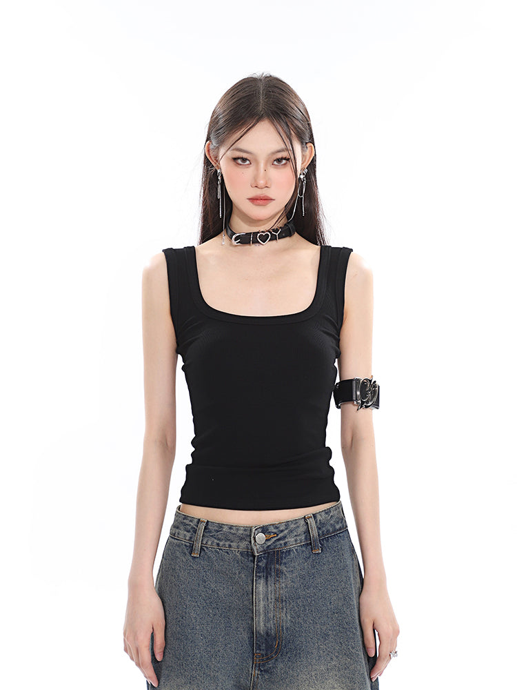 Antmvs Jenny Solid Color Wide Strap Sleeve Slim Square Neck Camisole Top