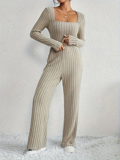 Antmvs Casual Solid Ribbed Two-piece Set, Long Sleeve Top & High Waist Pants Outfits, Women's Clothing