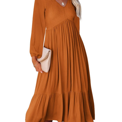 Antmvs Casual Solid Draped Midi Dress, Sexy Long Sleeve V-neck Loose Flowy Swing Babydoll Dresses, Women's Clothing