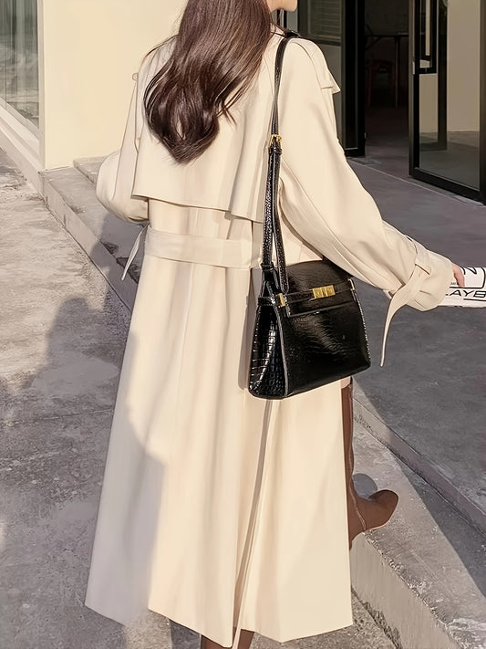 Antmvs Notched Collar Double-breasted Trench Coat, Casual Long Sleeve Midi Coat For Fall & Winter, Women's Clothing