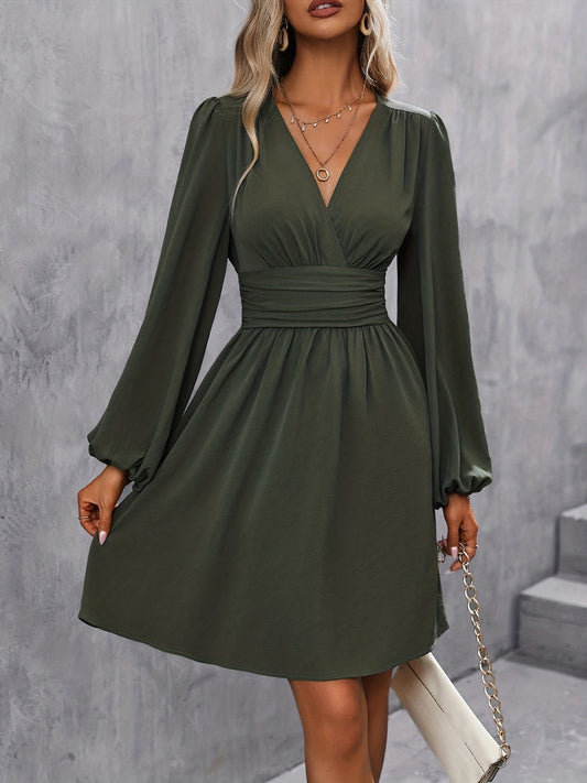 Antmvs Ruched V Neck Dress, Elegant Lantern Long Sleeve Solid Dress, Women's Clothing