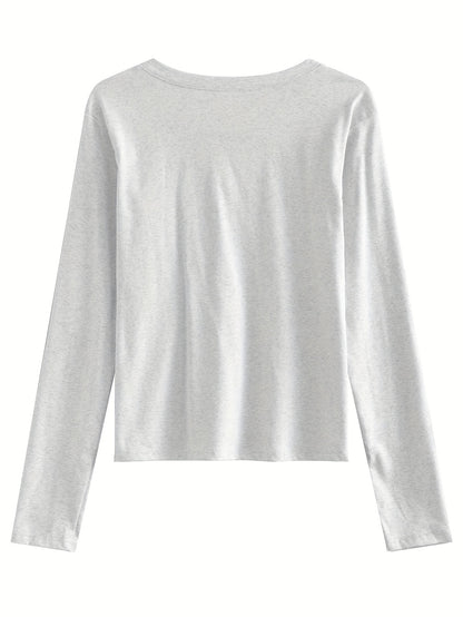 Antmvs Solid Color V Neck T-Shirt, Casual Long Sleeve T-Shirt For Spring & Fall, Women's Clothing