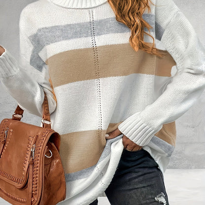 Antmvs Plus Size Casual Sweater, Women's Plus Colorblock Long Sleeve Turtle Neck Slight Stretch Sweater