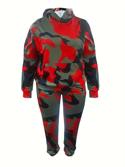 Plus Size Camo Print Hooded Tracksuit Set - Soft Slight Stretch Polyester Fabric, Long Sleeve, Front Pocket, Machine Washable, Random Printing - Womens Activewear for Running, Jogging, and Fitness