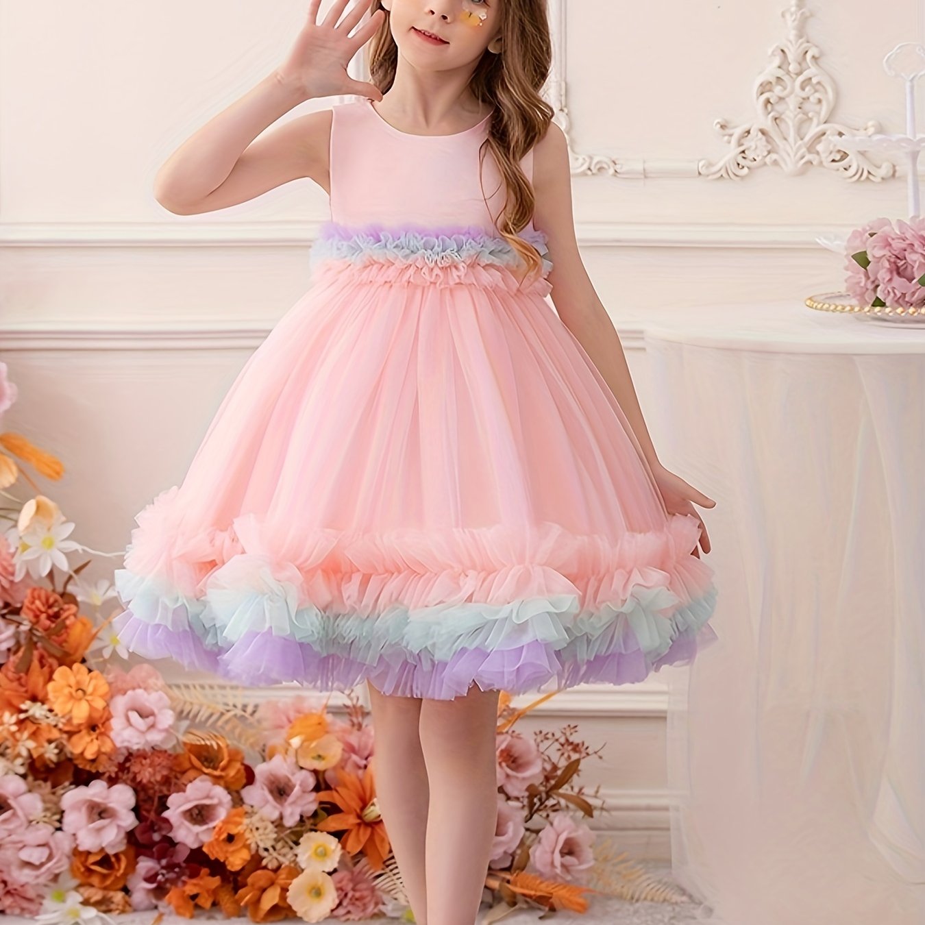 Toddler Girl Rainbow Colorful Gauze Sleeveless Puffy Princess Dress, Kids Party Catwalk Piano Performance Formal Dress